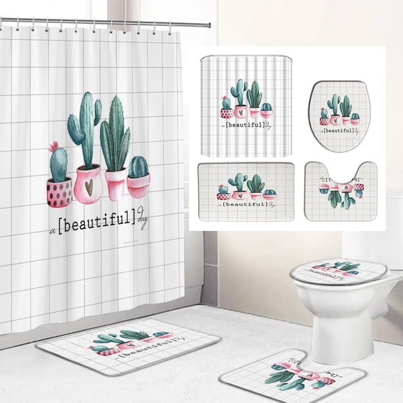 Nordic style Cactus Shower Curtain Set Bath Mats Rugs Toilet Cover Non-slip Carpet Bathtub Curtains Plant Bathroom Decor