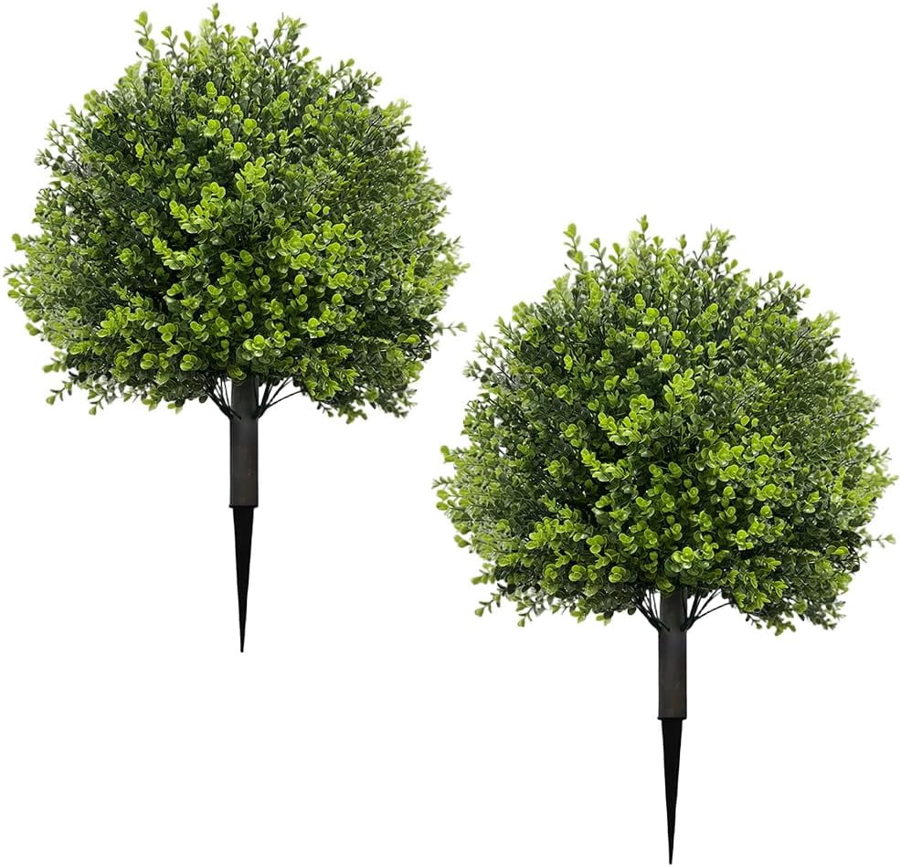 OUGPISTIYK Artificial Cedar Topiary Ball Trees with Ground Spikes, 23" Fake Bushes Plants, Fade Resistant Artificial Shrubs Tree for Indoor Outdoor Front Porch Decor (2 Pcs, Green)