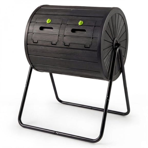 Dual Chamber Compost Tumbler 37.5Gal 142L 360 °   Rotating Compost Bin with Stirring Blades Lockable Doors BPA Free PP & Steel Frame Outdoor Composter for Garden Yard Waste Black
