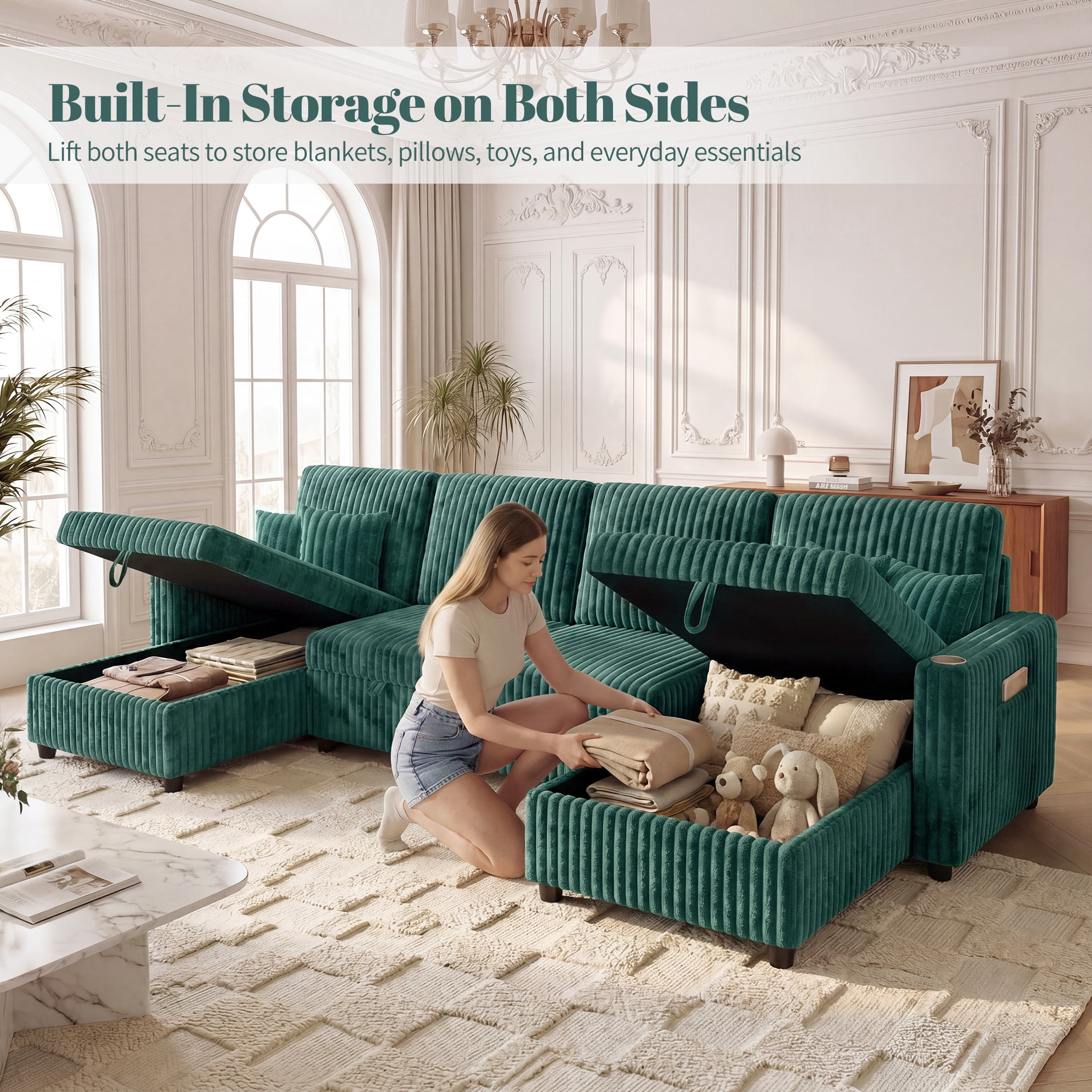 Aenkyo 110" U-Shaped Sleeper Sofa with Pull Out Bed, Storage Chaises and USB, Green