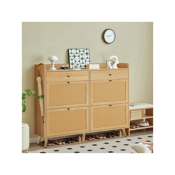 wood- Shoe Cabinet Storage With 4 Flip Drawers, Rattan Narrow Shoe Rack Cabinet Storage For Entryway Hallway Living Room Closet, Nature Oak Organiser Installation Slide Slipper