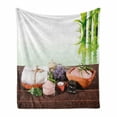 thumbnail image 1 of Spa Soft Flannel Fleece Throw Blanket, Bamboo Background with Towel Flowers Candled and Hot Massage Stones, Cozy Plush for Indoor and Outdoor Use, 50" x 70", Green White and Brown, by Ambesonne, 1 of 6