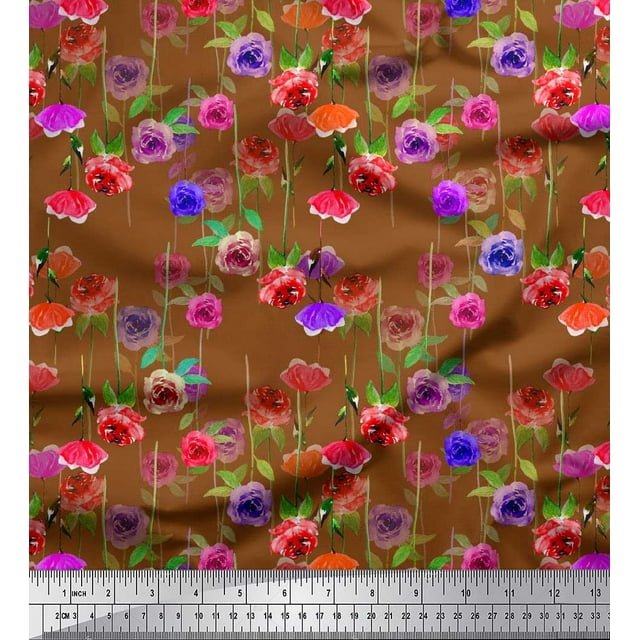 Soimoi polyester Crepe Fabric Leaves & Rose Floral Printed Craft Fabric by the Yard 42 Inch Wide