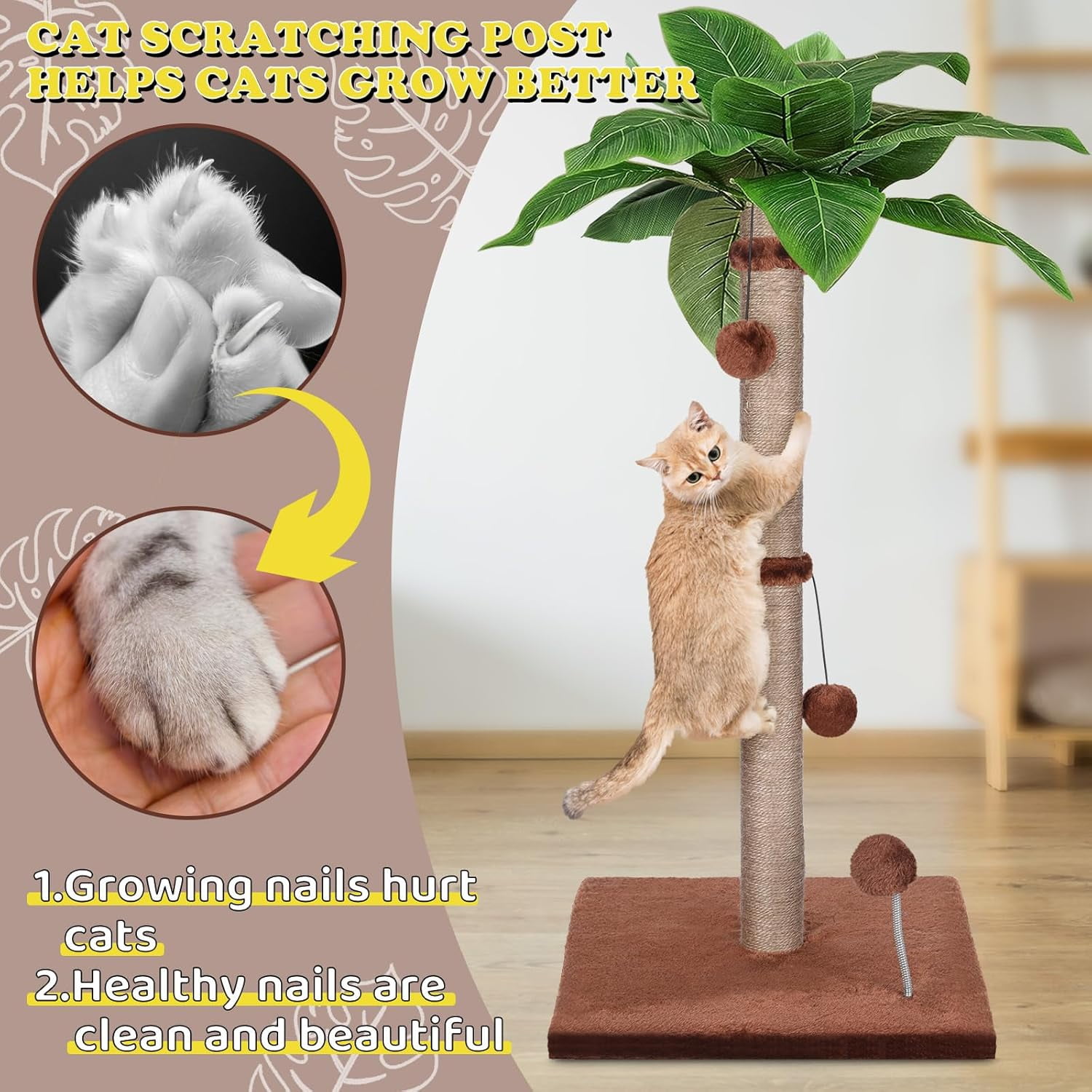 Cat Scratching Post for Indoor Cats,33.5” H Sisal Scratching Post for Kitten & Large Cat, Cat Scratch Post with Spring Ball,Brown