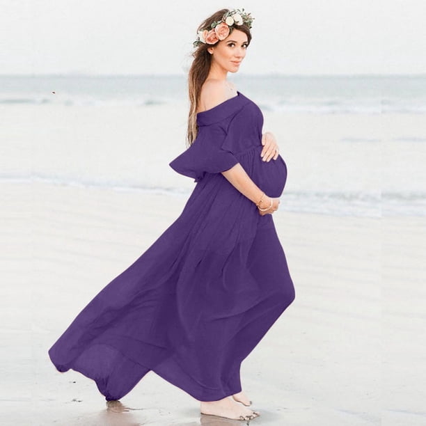 beach dress for pregnant women UVEASISHA Maternity Maxi Dresses Off Shoulder Gown Pregnancy Flowy Dress Photoshoot Dress Purple XL Palm leaf print for BLACK-AND-BLUE Alicia Satin Halter Maxi Size:18W-20W
