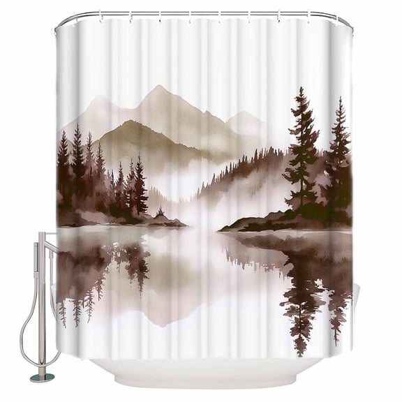 Brown Ink Landscape Shower Curtains for Bathroom Waterproof Fabric Bath Curtains Decor Bath Tub Curtain Watercolor Lake Forest Decorative Shower Curtain Sets with 12 Hooks, 72x72 Inch