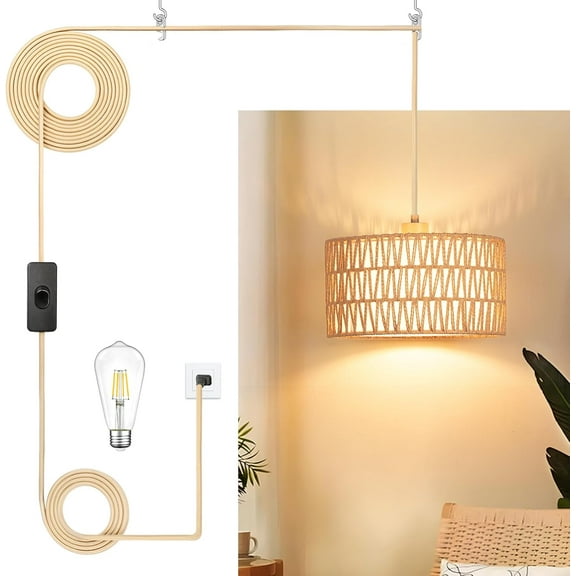 Plug in Pendant Light Rattan Hanging Lamp, Boho Hanging Lights with Paper Woven & Fabric 2 in 1 Shade, 3-Way Dimmable Bulb Included, Ceiling Light Fixture for Living Room,Bedroom,Farmhouse