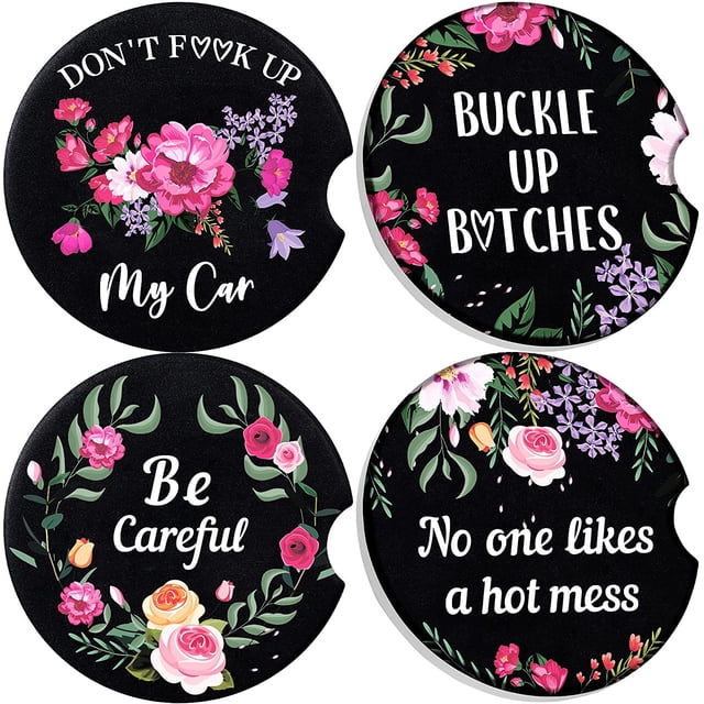 4 Pieces Car Cup Holder Coasters Floral Style Car Coasters Funny Cup Coasters Absorbent Ceramic Cup Holders for Keeping Car Cup Holders Dry and Clean, 2.56 Inch (Black Background)