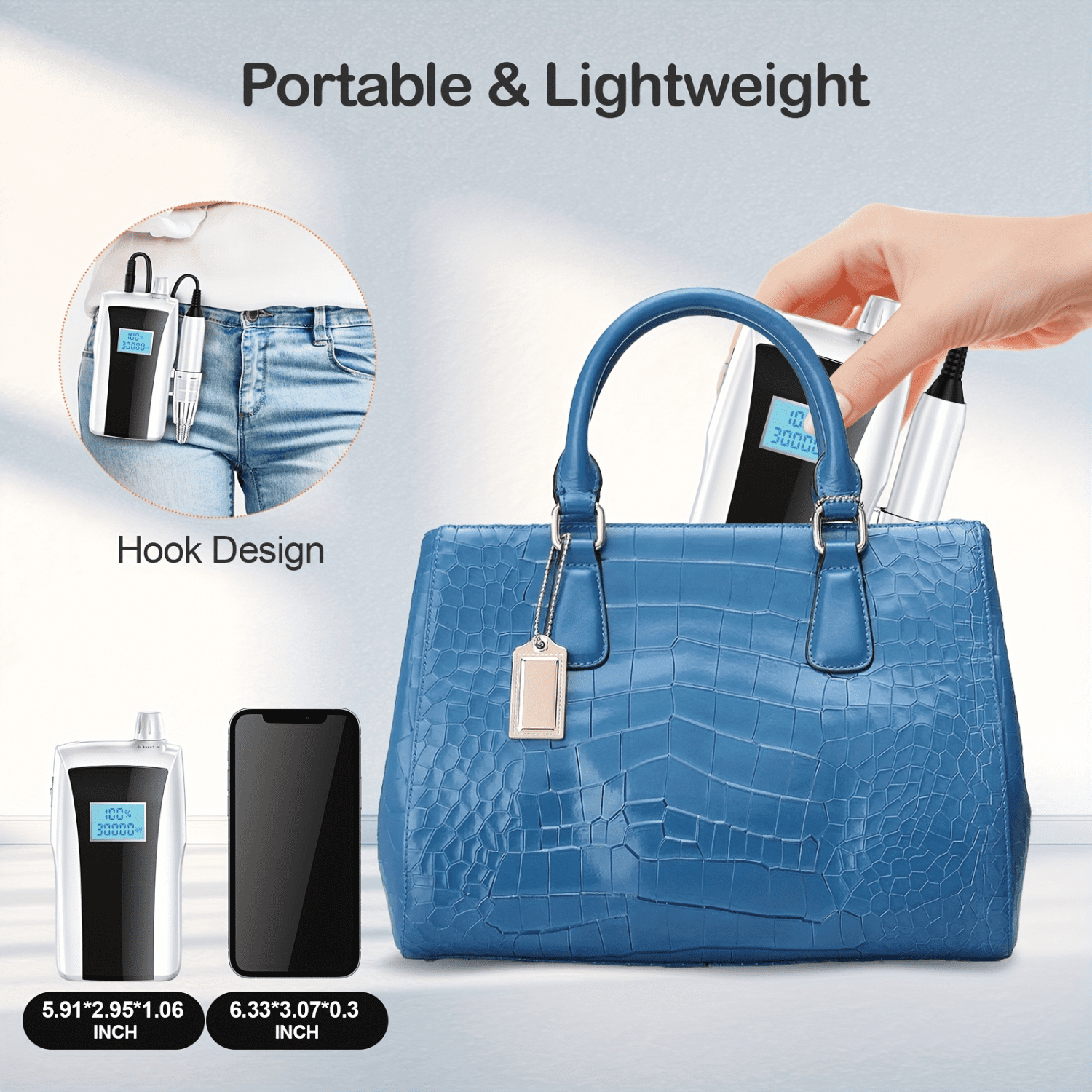Cordless Nail Drill with 30,000 RPM & LED Display - Rechargeable Electric File with UV Lamp for Drying - Portable Manicure Tool for Acrylic Gel Nails - Low Noise Design