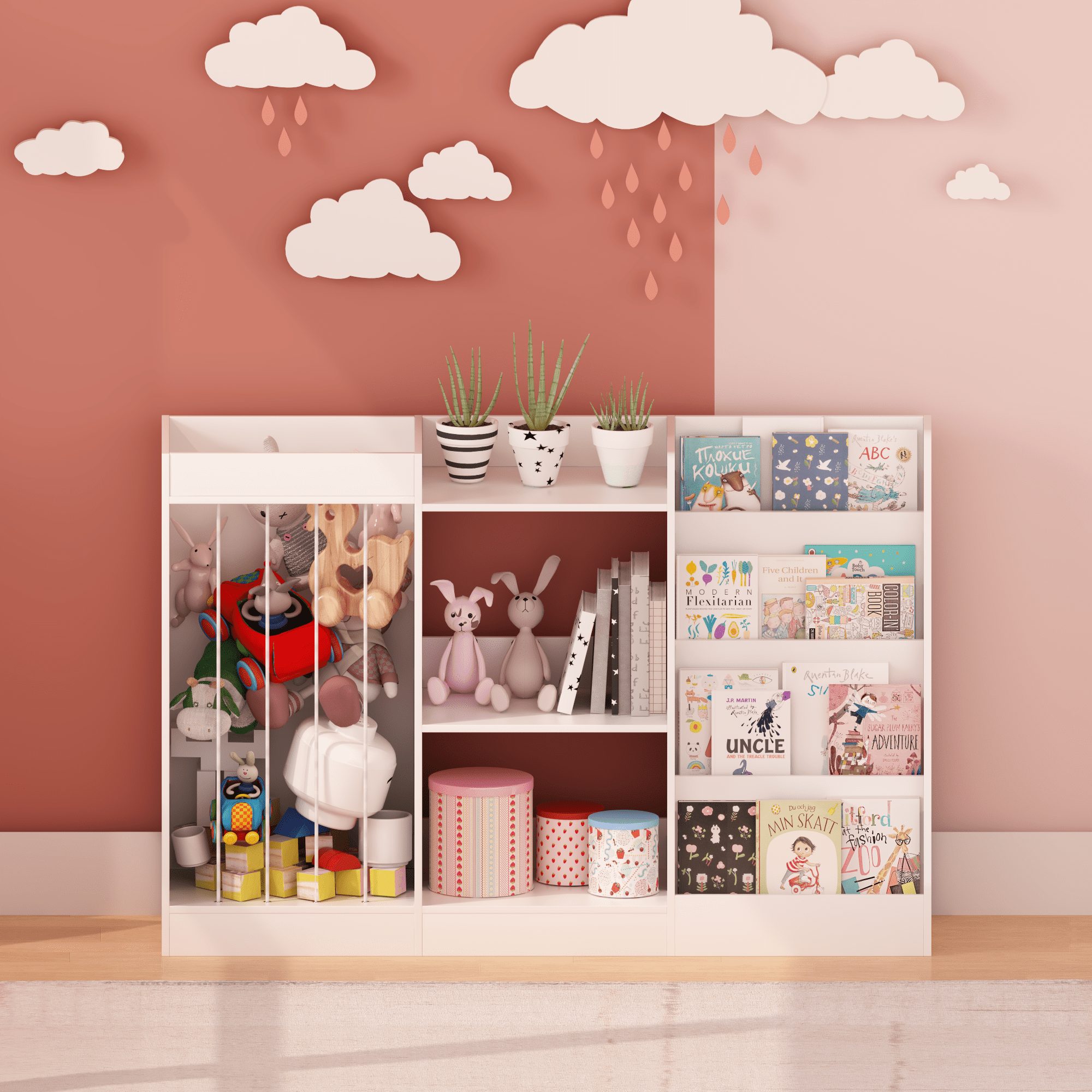 3-Tier Kids Bookshelf, Sling Montessori Bookcase with Stuffed Animal Storage, Particleboard & MDF Toddler Organizer with Anti-Tip Strap for Nursery Playroom Kindergarten