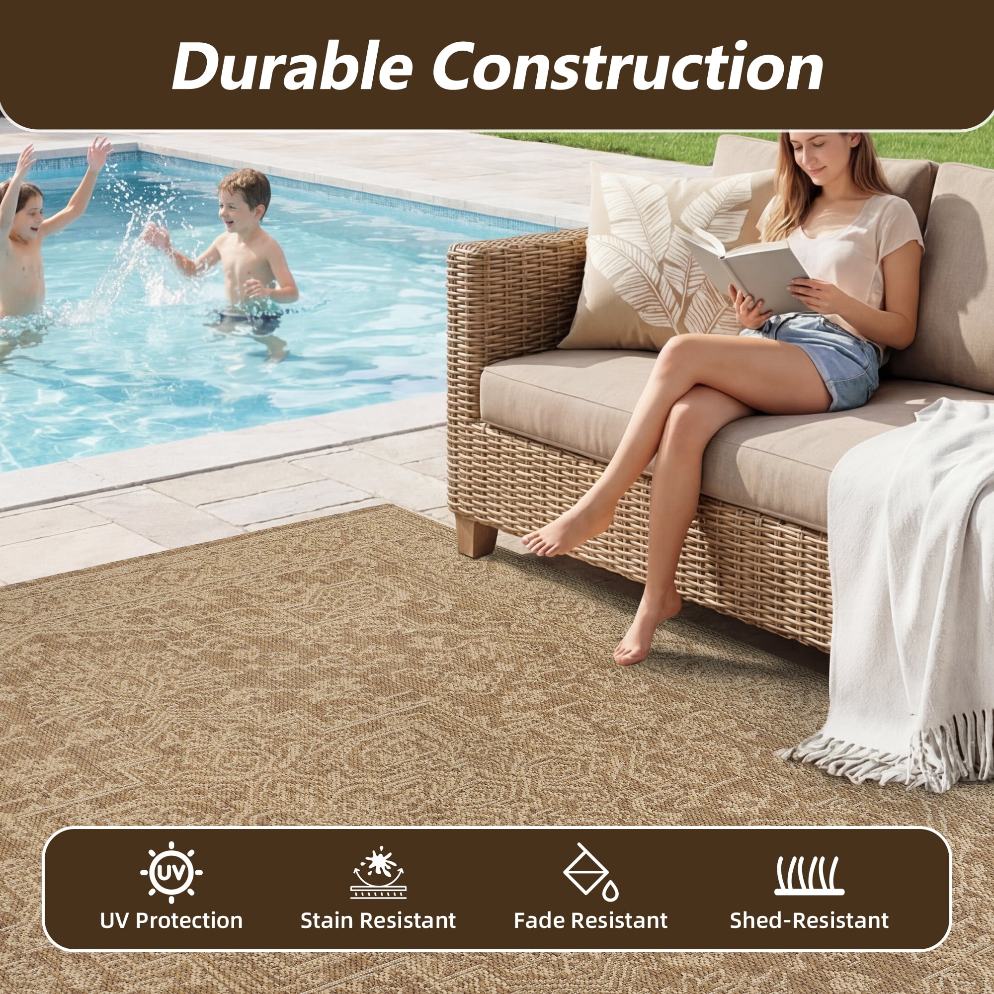 SIXHOME 8'x10' Outdoor Rug, Farmhouse Medallion Patio Rug, Indoor Outdoor Polypropylene Weave Textured Carpet, Water-Resistant, Quick-Dry Rug for Porch, Balcony, RV, Garden, Neutral Brown