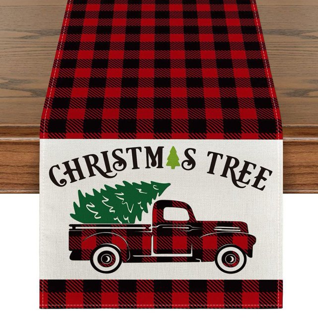 Merry Christmas Linen Table Runner Party Decor Plaid Dining Table Runner Holiday