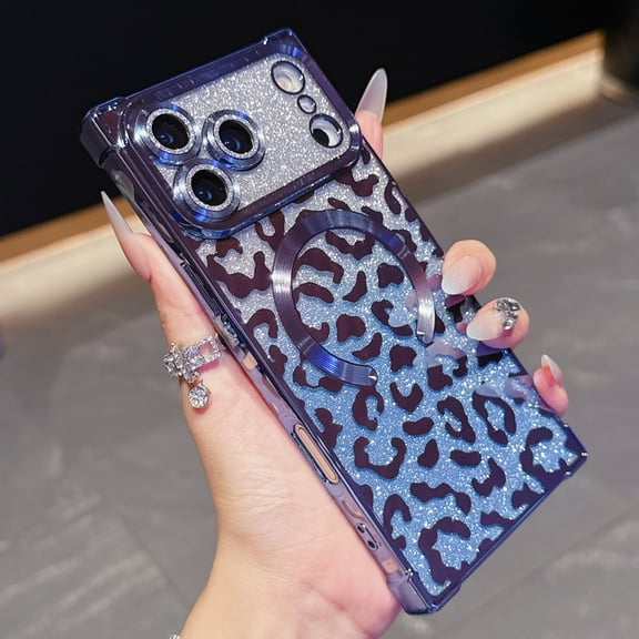 Leopard Print Case for iPhone 17 Pro Max for Women, Magnetic Gradient Glitter Back, Electroplated TPU Shockproof Protective Cover with Lens Protector, Lightweight Anti-Scratch Phone Case, Blue