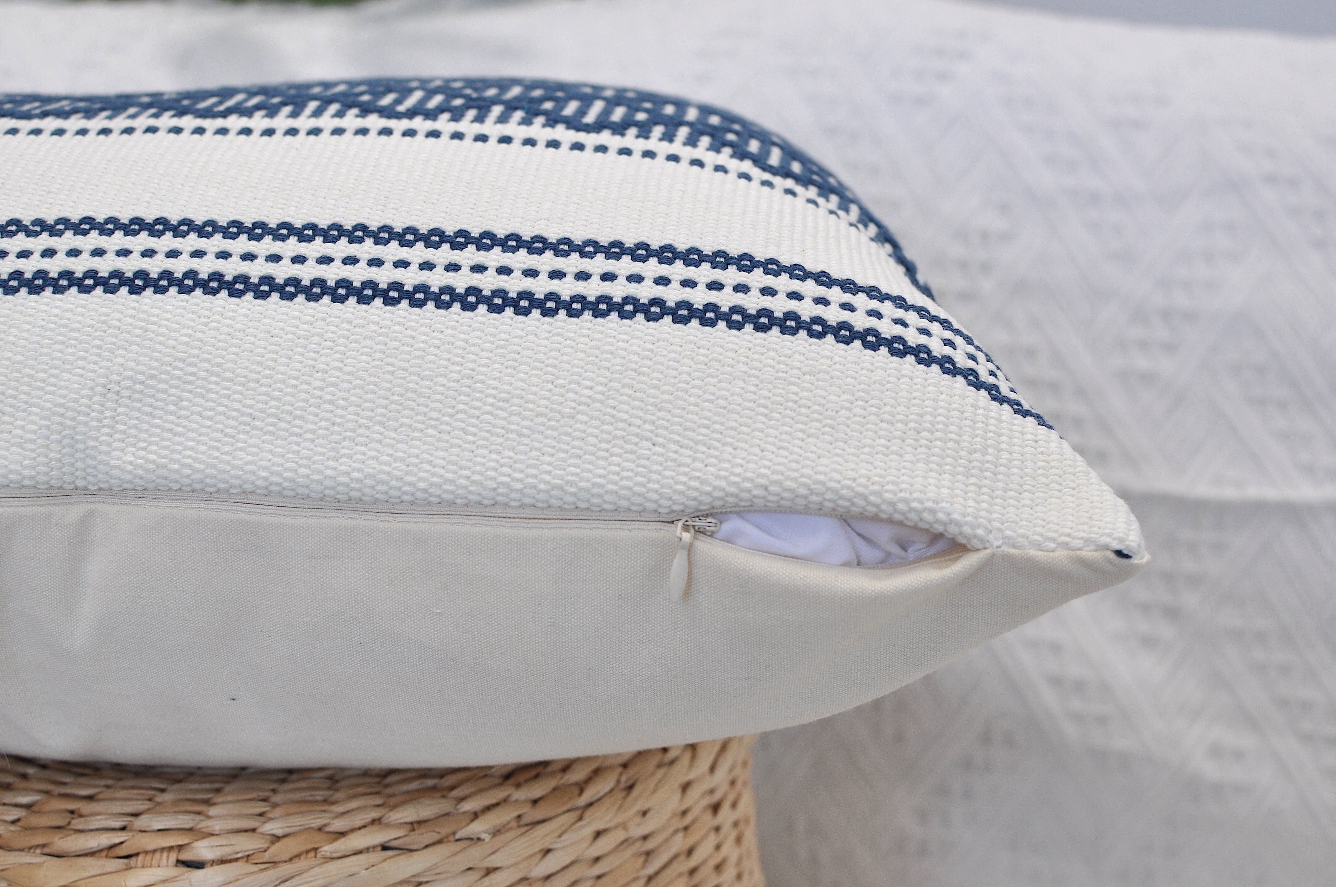 Cotton Woven Designer Throw Pillow Covers, Navy Blue and Cream White, 18 x 18 inches | Square Cushion Covers with Geometric Design Set of 2