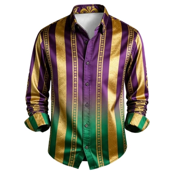 CONZONE Mardi Gras Mens Buttons Down Shirts Long Sleeve Shirts for Men Trendy Carnival Striped Graphic Lapel Soft Lightweight Tops