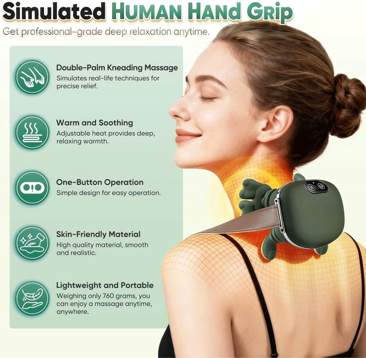 Neck Massager with Heat & 4D Kneading, Bionic Finger Shoulder Massager Simulates Real Palm Massage to Relax Muscle Tension
