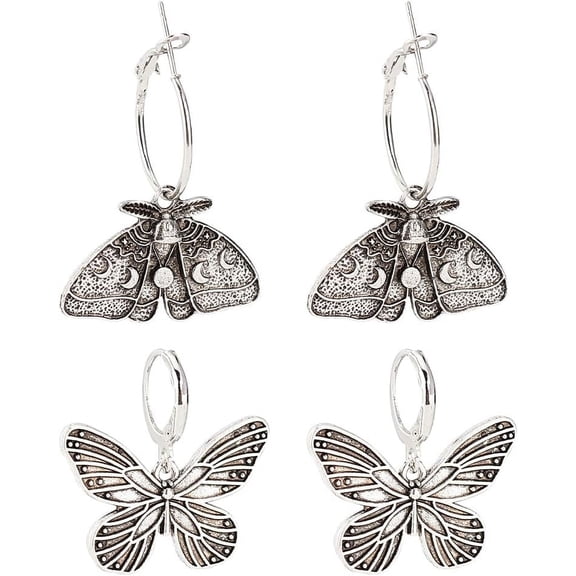 2 Pairs Butterfly Hoop Earrings Butterfly Dangle Earrings Gothic Luna Moth Earrings Punk Luna Moth Earrings Insect Drop Earrings Halloween Jewelry Dainty Gifts for Women