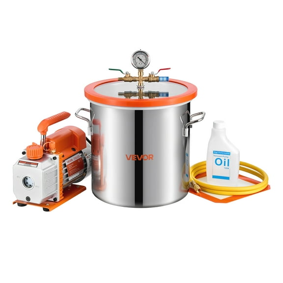 VEVOR 3 Gallon Vacuum Chamber with Pump, 3.5 CFM, Single Stage Vacuum Pump, Stainless Steel Degassing Chamber Kit with Tempered Glass Lid, 5 ft Hose, for Stabilizing Wood Degassing Silicone Resin
