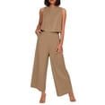thumbnail image 1 of Conjunto de dos piezas de lino de color liso para mujer: top corto sin mangas con botones y pantalones de pierna ancha, tejido transpirable para el verano, 1 of 8