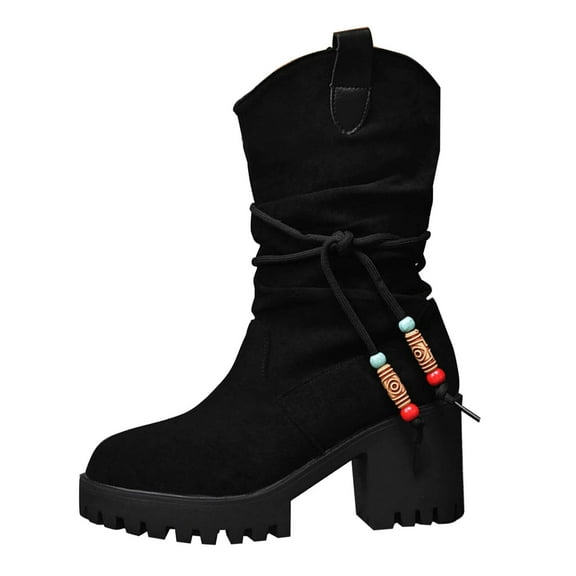 Black Ladies Fashion Suede Boots With Midsole And Round Toe For Versatile Comfort In Cold Weather