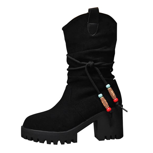 Lovzfmll Wide Calf Boots for Women, Stacked Suede Mid Calf Chunky Heel, Chelsea Chunky Boots Round Toe Fall Black Boots
