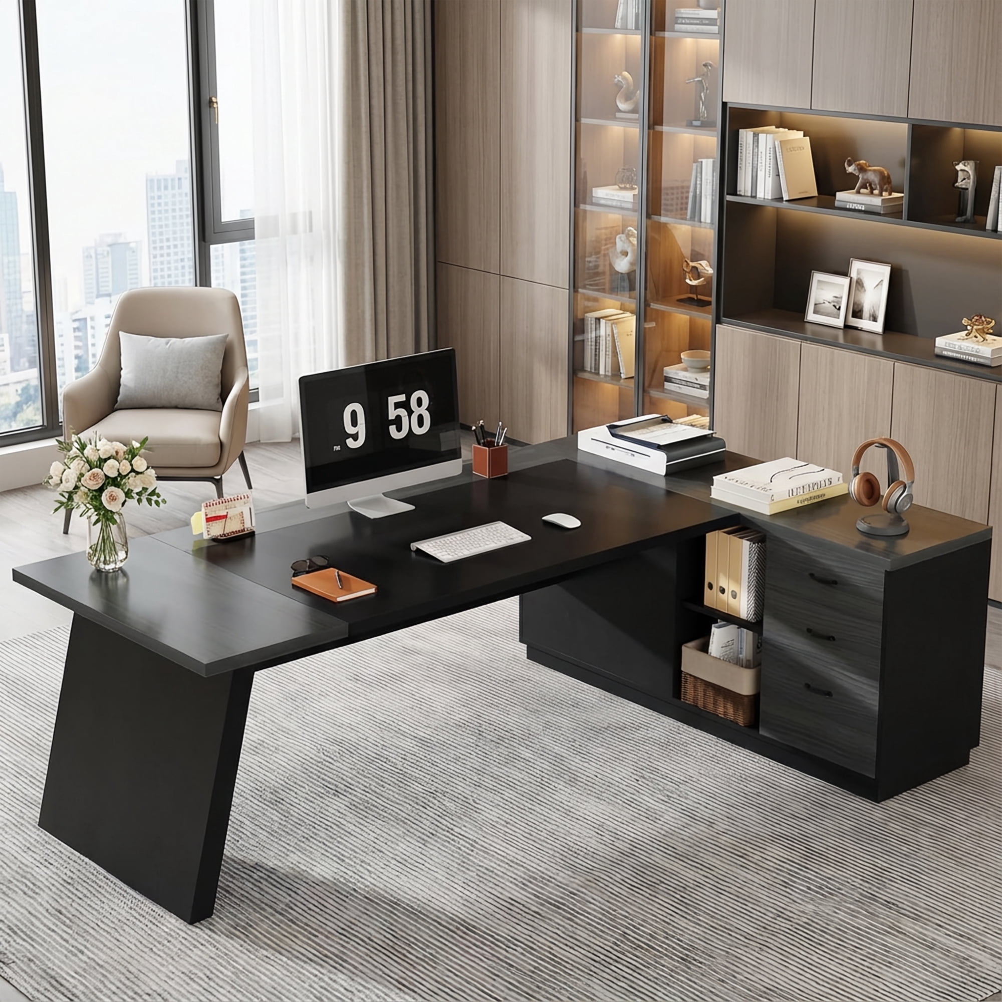 Modern L-Shaped Executive Desk 78-Inch Large Office Desk with Lateral File Cabinet and Storage Shelves Home Office Workstation Walnut Black