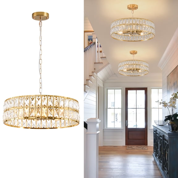 Gold Crystal Chandelier, Modern Mini Pendant Light with Seeded Glass for Kitchen Island Dining Room, Farmhouse Ceiling Fixture with 6*5W Warm E14 Bulbs