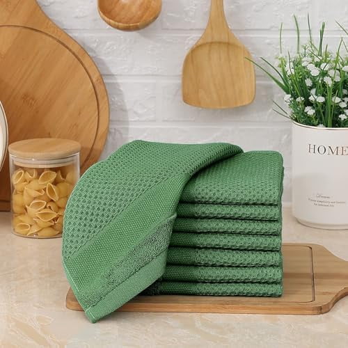 100% Cotton Dish Cloths, 6 Pack - 12 x 12 Inches, Waffle Weave Super Soft and Absorbent Dish Towels Quick Drying Dishcloths, Grass Green