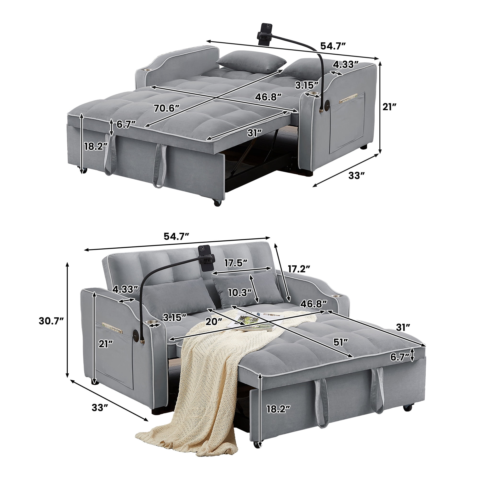 Aukfa Pull Out Sofa Bed, Convertible Loveseat Sleeper Sofa Couch with USB Port, Cup Holders and Swivel Phone Holder, Gray