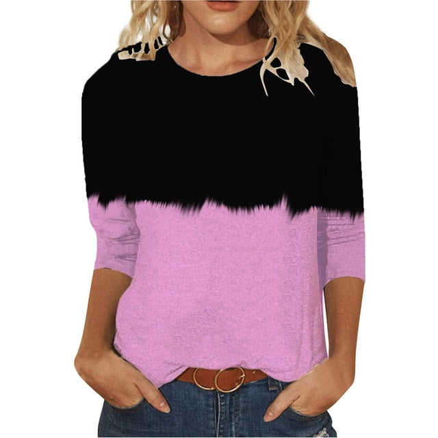 Fanxing Hauts à Manches 3/4 pour Femmes Été Color Block Col Rond Chemises Henley Blouses Habillées Décontractées Amples Basiques Roses,m