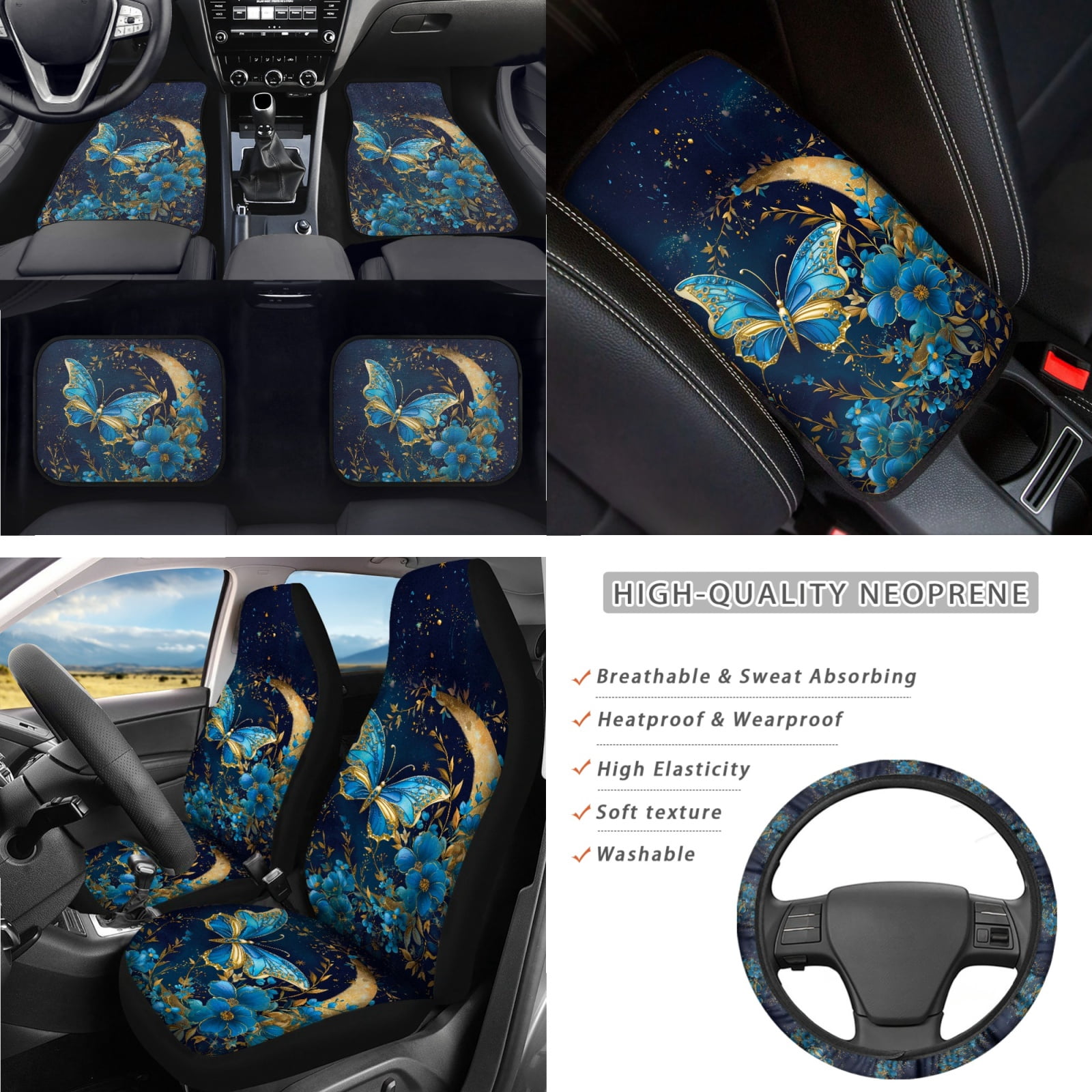 Jeiento Butterfly Car Seat Cover Set of 17 Car Floor Mat Steering Wheel Cover Armrest Cover Safety Belt Pad Floral Cup Coasters Keychain Lipstick Holder Universal Automobile Accessory Interior