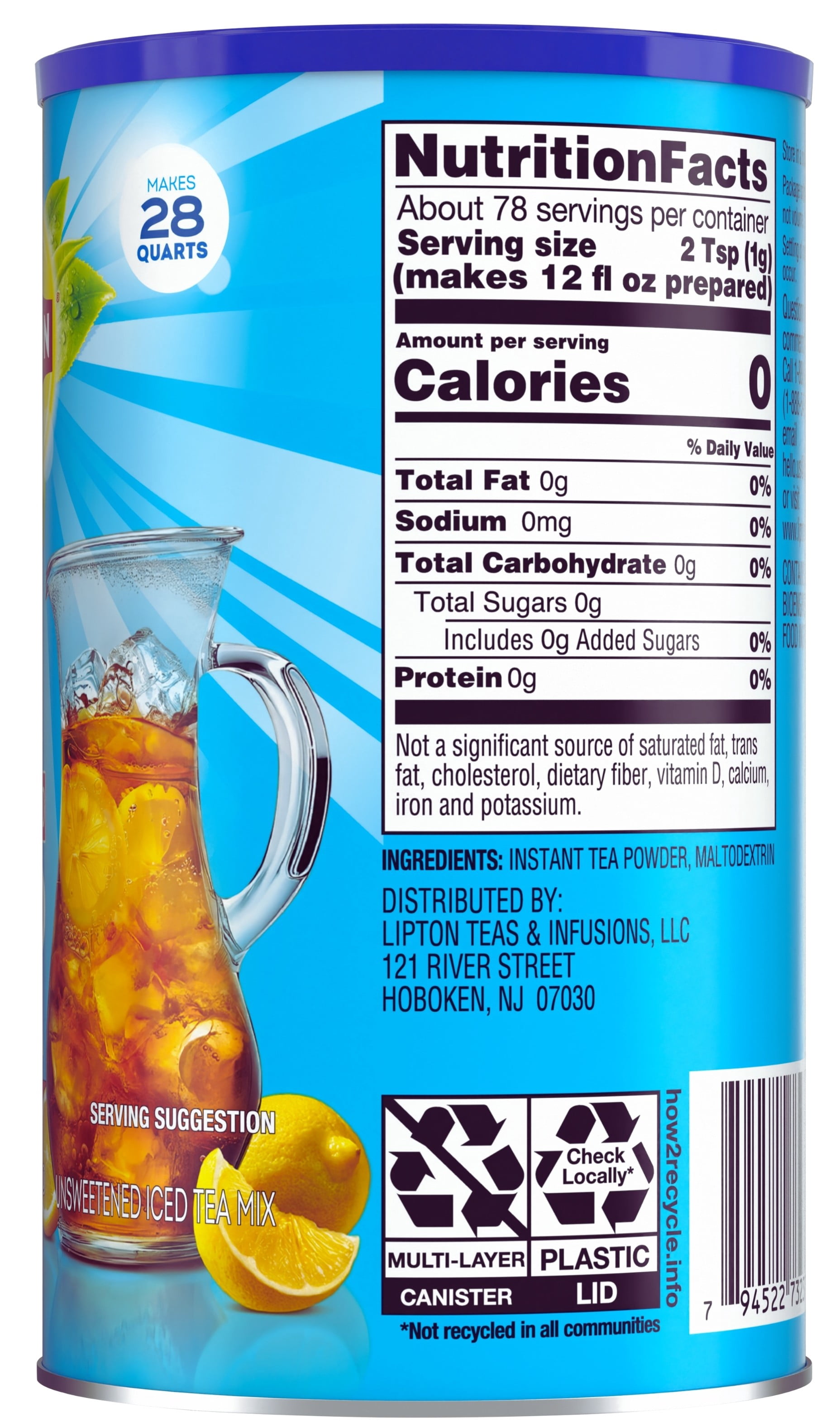 Lipton Unsweetened Iced Tea Mix, Instant Black Tea Powder, Zero Calories, Kosher, Makes 28 Quarts, 1 Canister