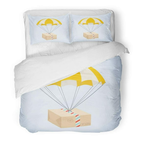 POGLIP 3 Piece Bedding Set Cargo Flying On Parachute Air Shipping Box Delivery Service Flat Style Container Sky Twin Size Duvet Cover with 2 Pillowcase for Home Bedding Room Decoration