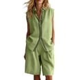 thumbnail image 2 of HongQid 2 Piece Linen Short Set Ladies Sleeveless Striped Trim Shirt and Pleated Shorts Casual Outfit for Women, 2 of 6