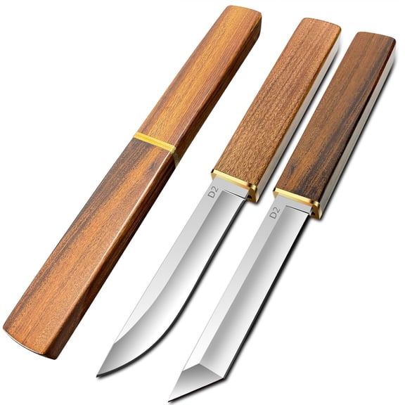 ABCISI 2PCS Katana Japanese Fixed Blade Knife with Wood Handle - D2 Steel Tanto Knife Drop Point Knifes with Wood Sheath - Tactical Hiking Camping Knives Hunting Survival Tools