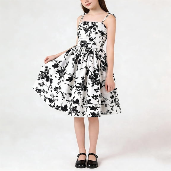 Black and White Floral Girls Dress Sleeveless Fit and Flare Swing Sundress for Kids Tween Party Church Summer,Size 8-9 T