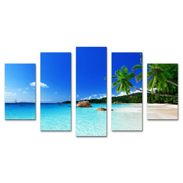 Juego de Cuadros Decorativos, Playa Paradisíaca y Estilo Tropical, 5 Piezas, Ideal para Sala y Recámara, 150x80cm