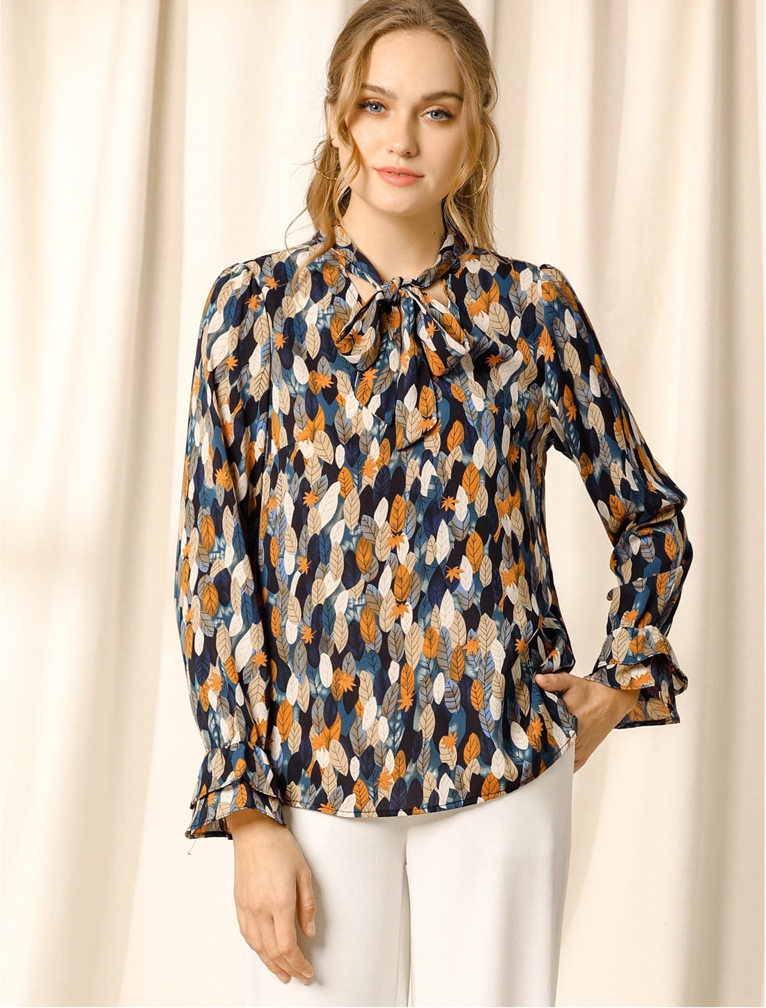DARING DIVA Women's Tie V Neck Floral Shirt Trumpet Blouse S Blue Orange