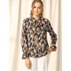 thumbnail image 2 of Blusa con cuello En V y lazo floral Allegra K camisa de manga larga con volantes y trompeta Naranja azul M, 2 of 6