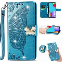 for Samsung Galaxy S24 FE Phone Case Wallet, Women Flip Folio Cover with Credit Card Holders Diamond Emboss Butterfly Flower PU Leather Purse Wrist Strap Kickstand Case for S24 FE, Blue