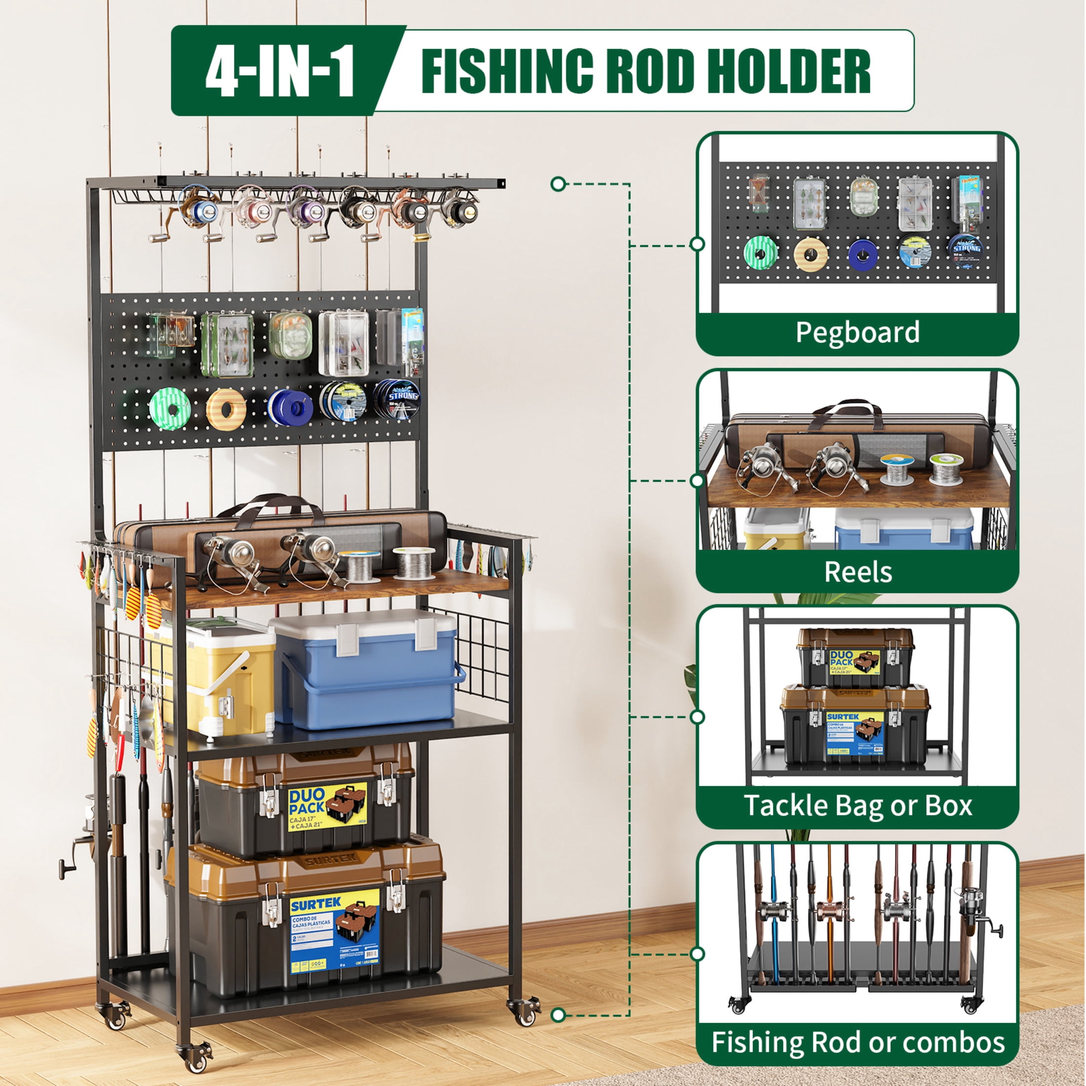 Noble House Rolling Fishing Tackle Organizer Cart with Pegboard, Heavy-Duty Multi-Tier Rod & Reel Storage Rack, Black