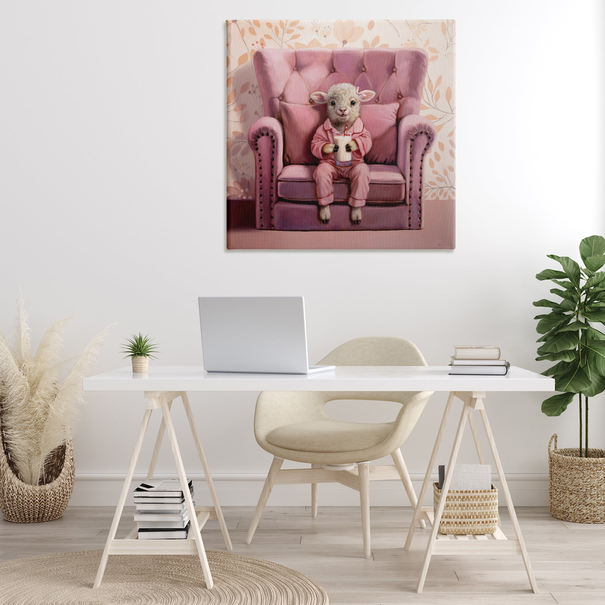 Stupell Industries Baby Cow in Pink Chair Animals & Insects Painting Gallery Wrapped Canvas Art Print Wall Art, 36 x 36
