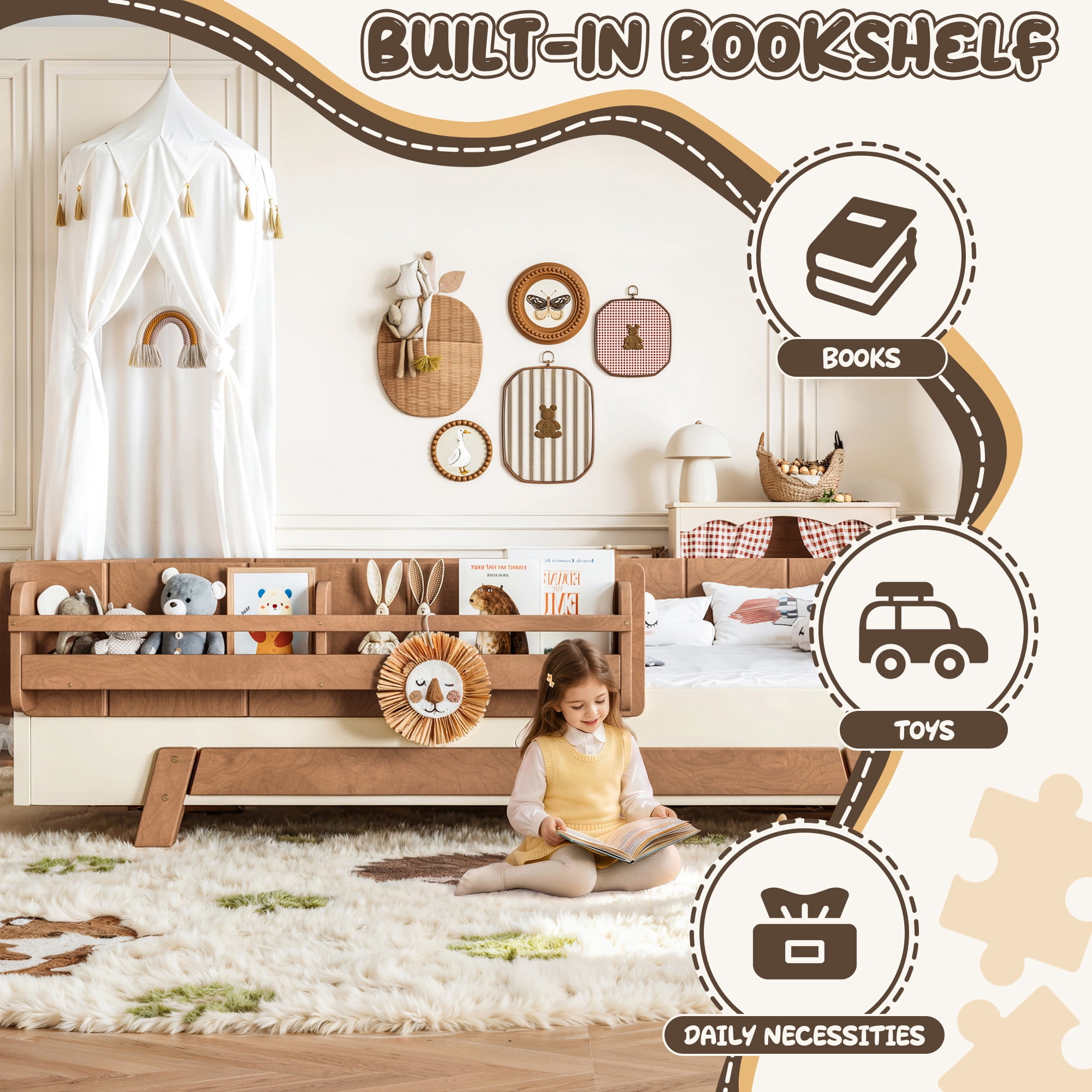 Mintazer Full Size Montessori Floor Bed Frame, Kids Puzzle Block Design Platform Bed with Guardrails & Bookshelf for Bedroom, Brown & Beige