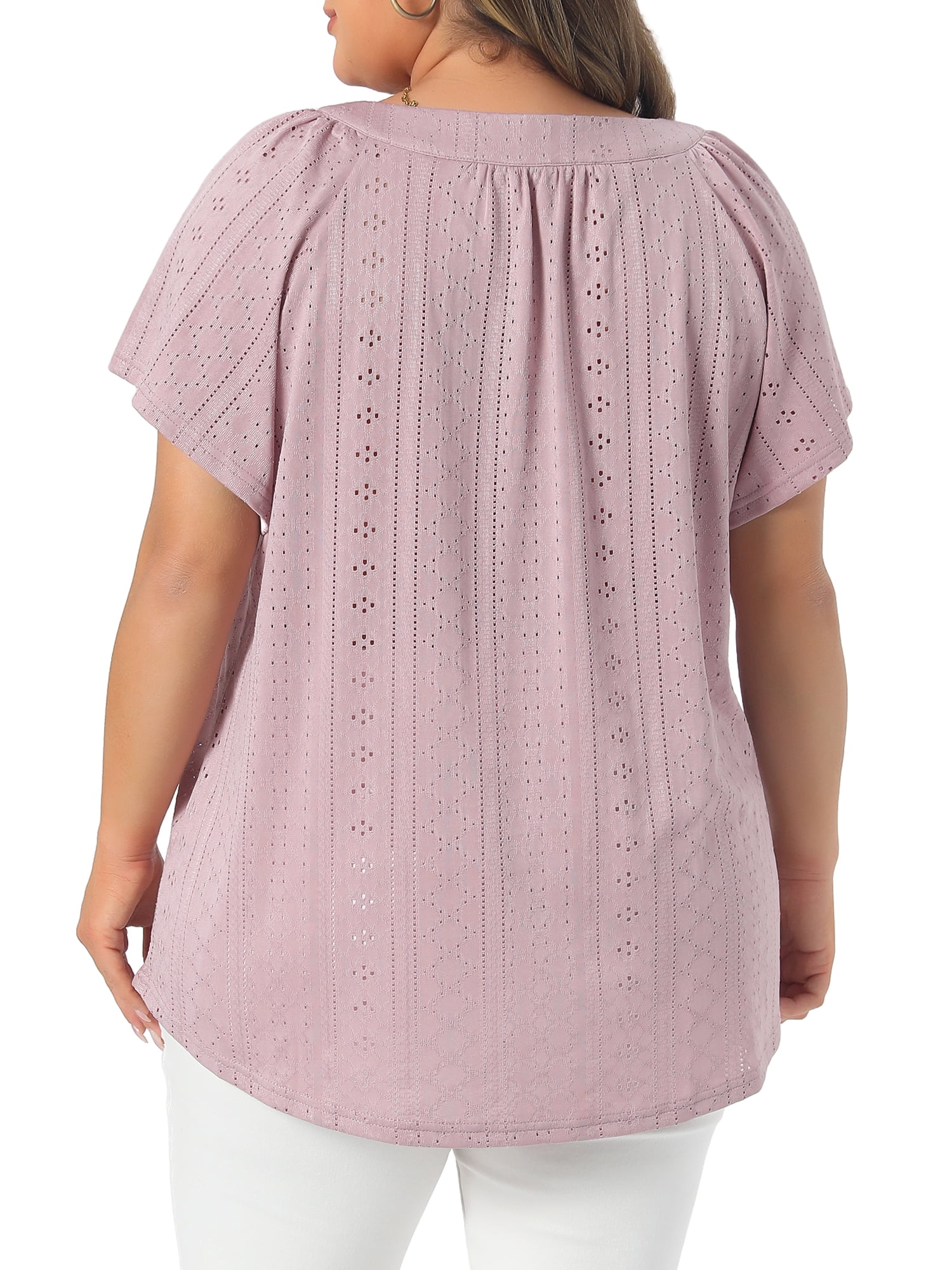 Women's Plus V Neck Short Sleeve Eyelet Embroidery Casual Blouse 2X Pink