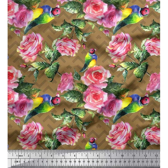 Soimoi Tissu en Poly Georgette Imprimé Oiseau, Feuilles & Roses Floral au Mètre 52 Pouces de Large