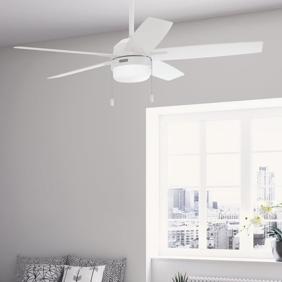 Hunter 52 inch Indoor Ceiling Fan with LED Light - White Ceiling Fan with Pull Chain, For Bedroom or Living Room, Standard Mount, No Remote, 5 Blades, Includes Bulbs - Anisten 52487, Fresh White