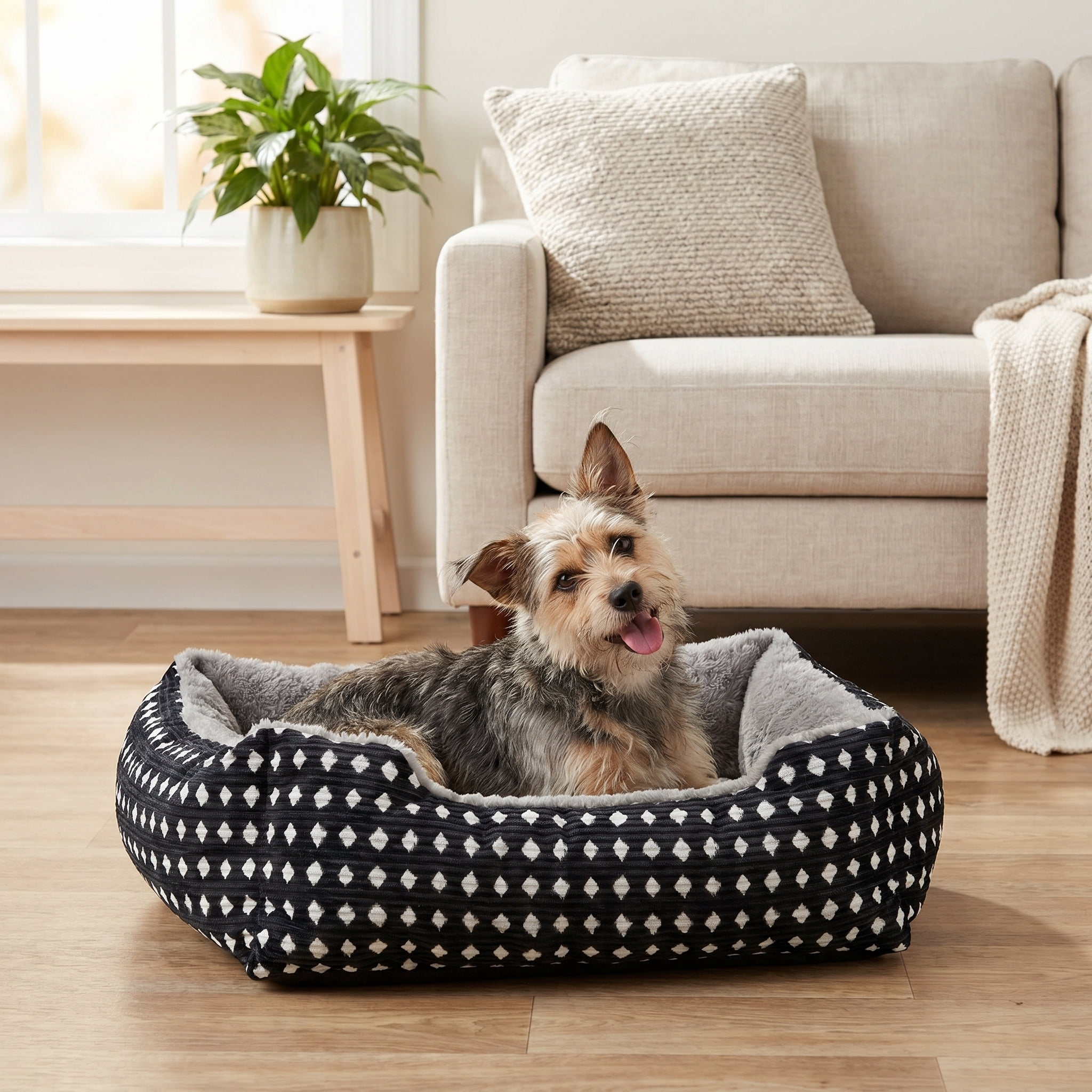 (4 pack) Vibrant Life Small Cuddler Pet Bed, Black and White Diamonds, 19" x 15"
