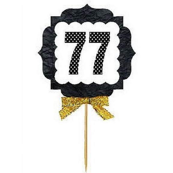 77th Birthday / Anniversary Gold Ribbon Hand Crafted Novelty Cupcake Decoration Toppers / Picks -12ct