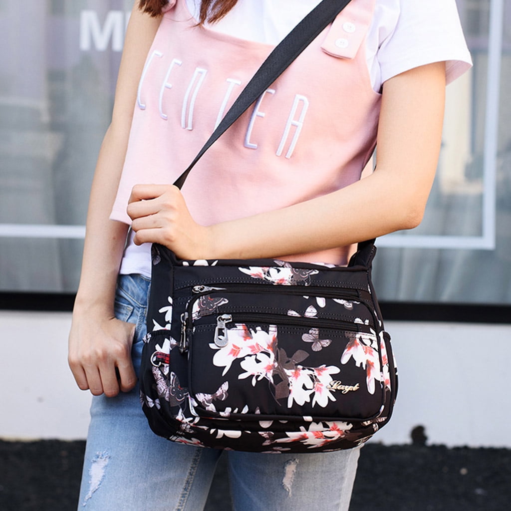 AOOOWER Nylon Floral Multi-Pocket Crossbody Purse Bags for Women Travel Shoulder Bag
