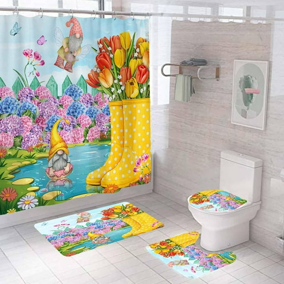 4PCS Sunflower Shower Curtain Sets with Rugs, Summer Shower Curtain, Waterproof Fabric Yellow Shower Curtain, Farmhouse Hello Sunshine Buffalo Plaid Butterfly Blue Daisy Floral Bathroom Decor